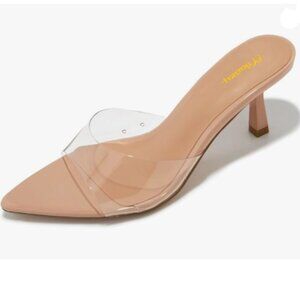Milooey shoes Nude Clear Mid Heel Mules Open Pointed Toe Slide Sandals Slippers